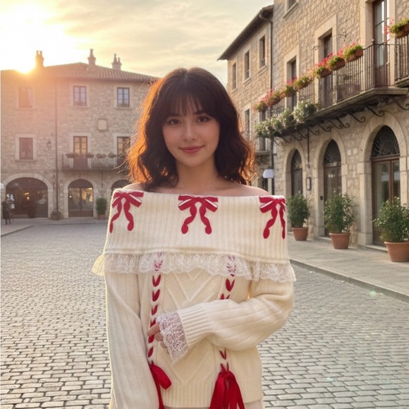 ROMWE Cream Off-the-Shoulder Sweater with Red Details - Picture 8 of 10